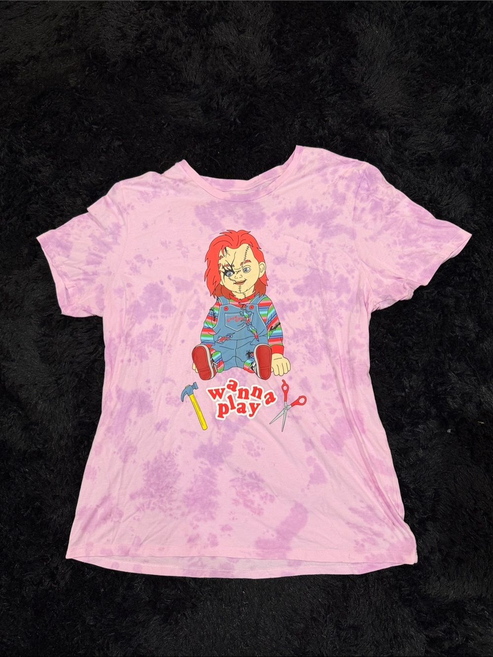 Pink Tie-Dye Short Sleeve CHUCKY Graphic Tee with 'Wanna Play' Design
